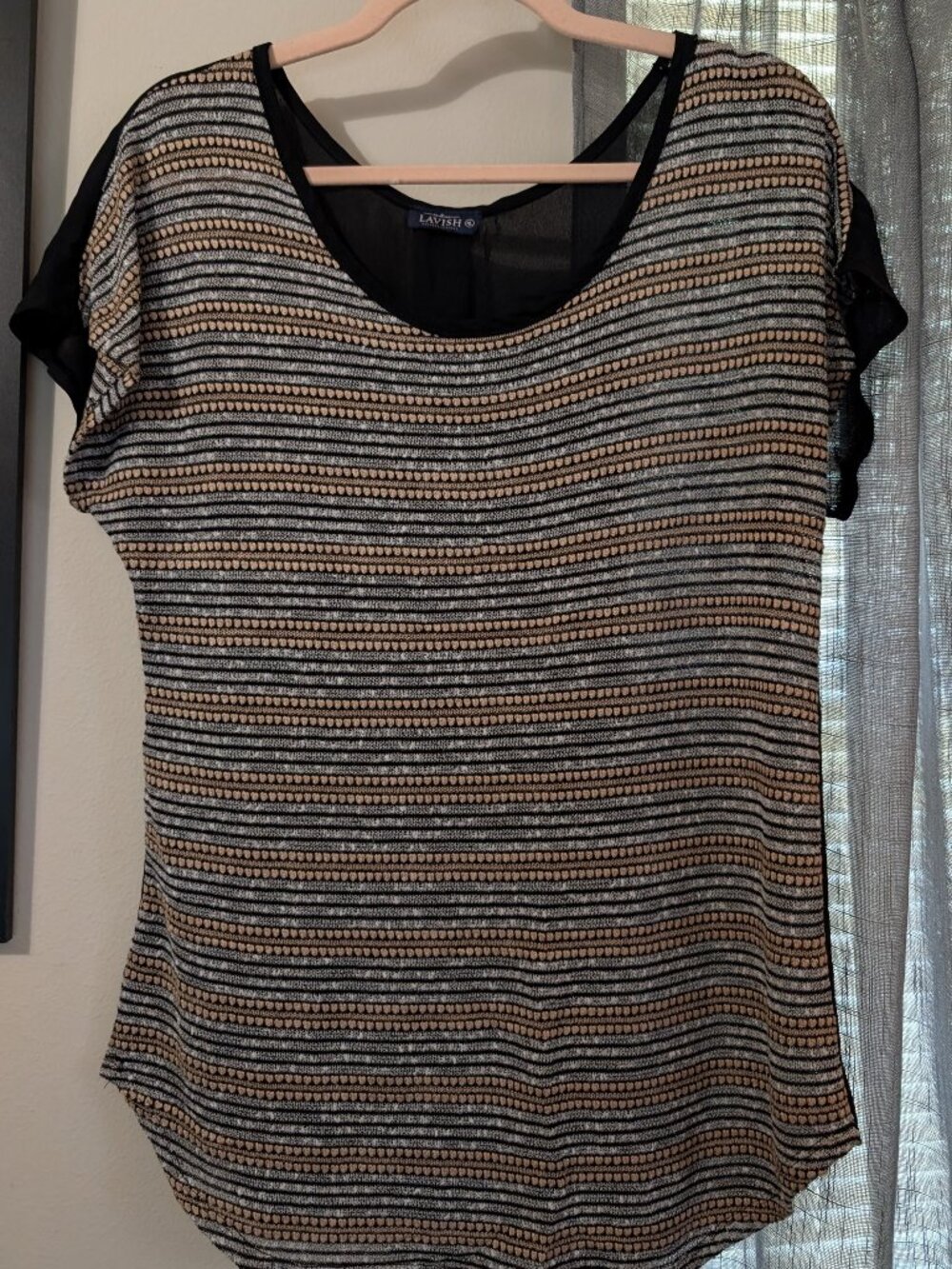 Lavish Textured Front Button Back Black and Tan Blouse Size XL